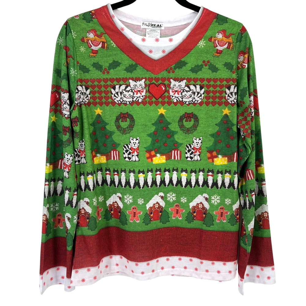 Faux Real Cat Lover Snowman Photo Ugly Christmas Print Shirt Womens Sz Large